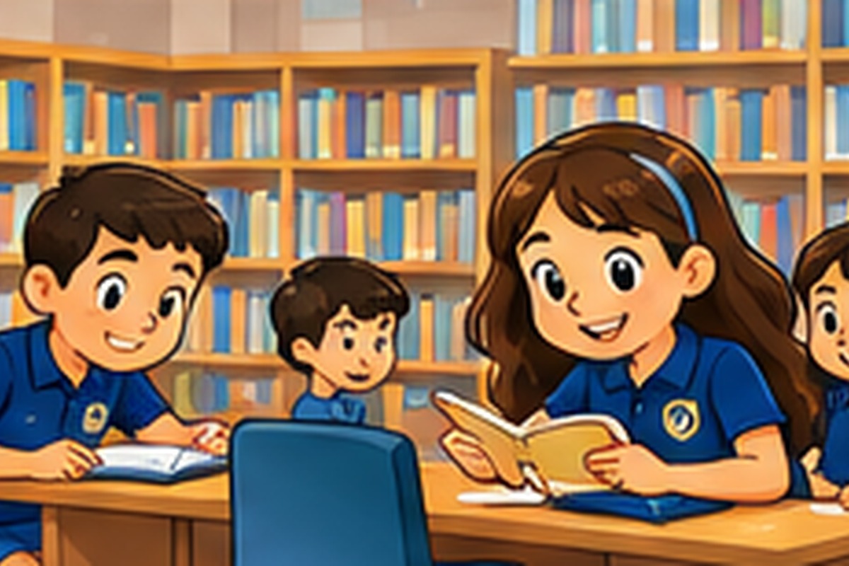 Biblioteca escolar en estilo caricatura